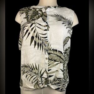 Tahari White Sleeveless Button-Down Tropical Leaf Print Top
